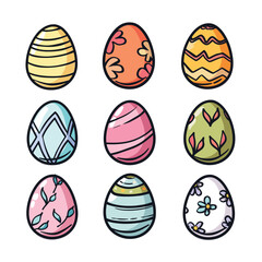 Decorated Easter eggs colorful designs isolated white background. Nine various patterned Easter eggs festive spring celebration. Handdrawn style celebratory decorations bright hues
