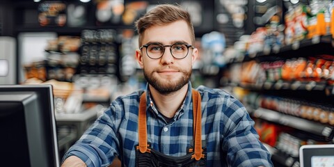 photo of friendly cashier at grocery store 
