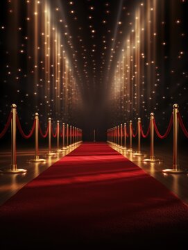 Red carpet in the light of golden spotlights. award and VIP party. velvet carpet. award and victory in cinema or music