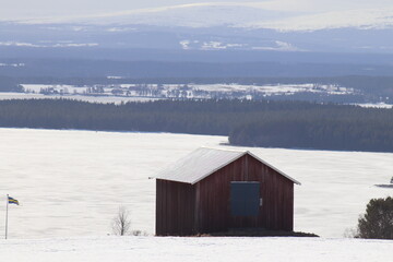red barn in winter