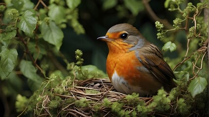 Fototapeta premium A robin nesting among luxuriant greenery, its beak stuffed with twigs.