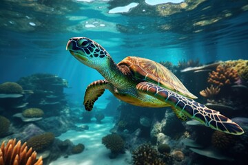 Obraz premium Turtle's Tranquil Swim in the Heart of Tropical Seas