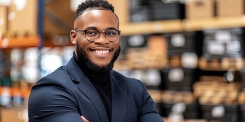 Obraz premium stock clerk standing in warehouse - black man, friendly worker
