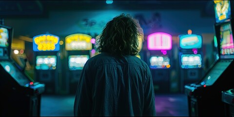 dark and depressing gambling addiction concept with sad person standing in a dark casino lit only by the lights of slot machines