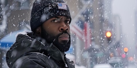 black male in his 30s mailman dressed in all black delivering parcels in the snow