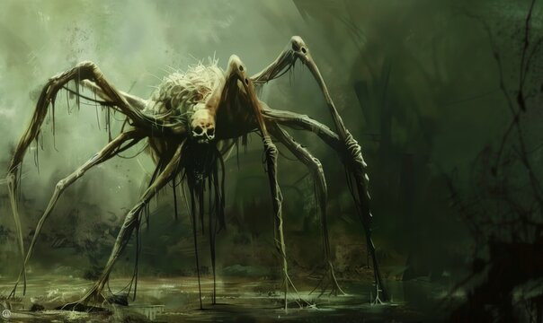 Surreal swamp creature with skulls emerging from the misty landscape