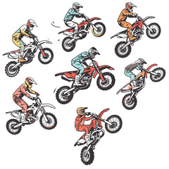 Nine motocross riders performing various stunts dirt bikes, rider wears full gear helmet, different colored motocross outfits. Illustrated action sequence extreme sports depicting motorcycle jumps