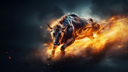 Majestic red bull charging with fiery banner and sparks flying in dramatic galloping scene, animal concept, banner