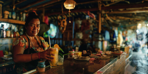 A wide horizontal image of a female samoan bartender as she makes a delicious mixed fruity drink at a tropical Hawaiian tiki bar - Polynesian themed decor in the background - Hawaii bartender portrait - Powered by Adobe