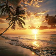 Photo of a romantic summer day sunset on the beach overlooking the sea and palm trees. A perfect place to relax and unwind under the warm rays of the sun