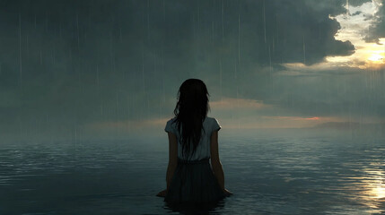 A girl alone by a lake at night Generative Ai
