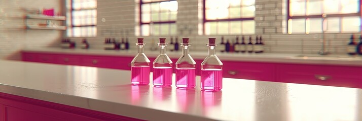 Glass beakers filled with colorful chemicals
