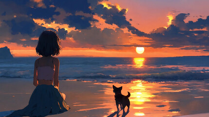 Girl and a little dog looking at the sunset landscape on the beach orange sky and clouds Generative Ai
