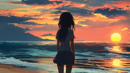 Girl looking at sunset landscape on the beach orange sky and clouds Generative Ai
