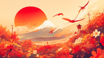 sunset in mountains japan style Generative AI