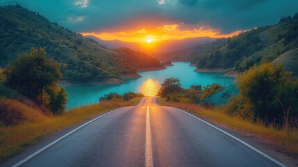 A beautiful road leading to the horizon towards mountains and lakes with a sunset sky. Created with Generative AI.