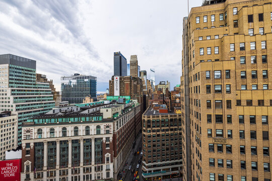 Beautiful aerial view of the skyscrapers and Macy's department store at the intersection of Broadway and 34th Street in Manhattan, New York City. New York, USA