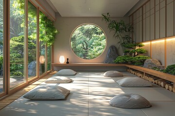 Zen-inspired Meditation Space: Low seating, Japanese-inspired decor, natural materials, soft lighting, indoor plants