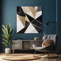 Abstract Geometric Shapes with black and white, gold Painting ,wall art poster, 3d illustration ,modern living room decoration, wooden decoration.