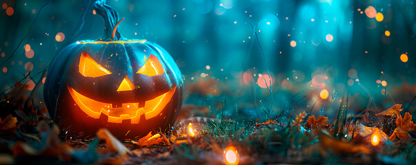 Fototapeta premium Halloween background with pumpkins and bats on the blue blured background