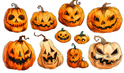 set of halloween pumpkins on the white background

