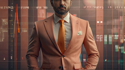Portrait of an adult man with a beard in a peach suit on the background of business charts