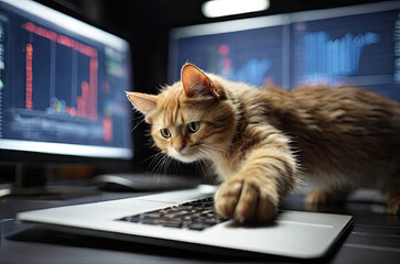 The cat presses the laptop keyboard with its paw