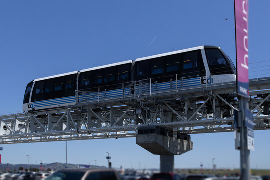 Oakland,California,USA. May 01, 2024: Oakland International Airport, BART Train and Monorail Integration for Efficient Travel.