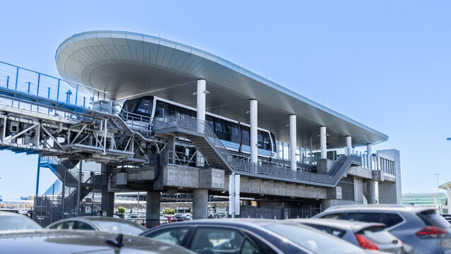 Oakland,California,USA. May 01, 2024: Oakland International Airport, BART Train and Monorail Integration for Efficient Travel.