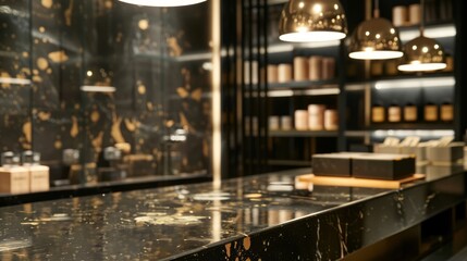 Elegant retail space featuring sparkling black marble counter under soft lighting. Atmosphere of high-end boutique. Concept of luxury goods, sophisticated shopping experience, and premium store design