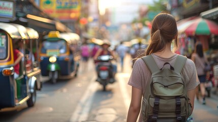 Caucasian female tourist exploring a bustling Thai street market. Young woman with backpack in urban Thailand. Concept of tourism, travel, exploration, and cultural - Powered by Adobe
