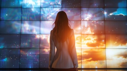 Woman gazing at a vibrant, colored glass wall. Businesswoman contemplating in an office lobby. Concept of contemplation, reflection, modern architecture, and corporate setting.