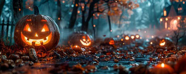 Halloween background with pumpkins and bats