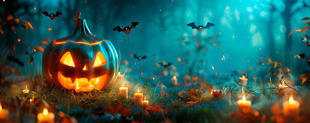 Halloween background with pumpkins and bats