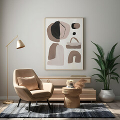 Abstract Geometric Shapes with brown and white Painting ,wall art poster, 3d illustration ,modern living room decoration, wooden decoration.