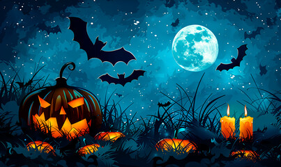 Fototapeta premium Halloween background with pumpkins and bats
