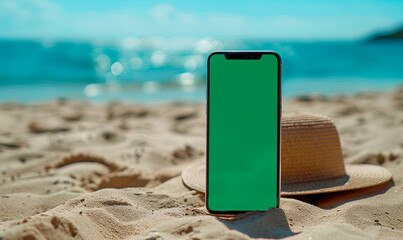 Green screen smartphone on beach with hat in summer