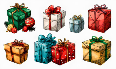 a collection of colorful christmas gift boxes with ribbons
