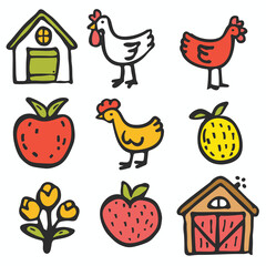 Handdrawn farm elements set, colorful sketch style. Chickens, fruits, flower doodles, toylike barn illustrations. Simplified cartoon rendering countryside objects, bright primary colors