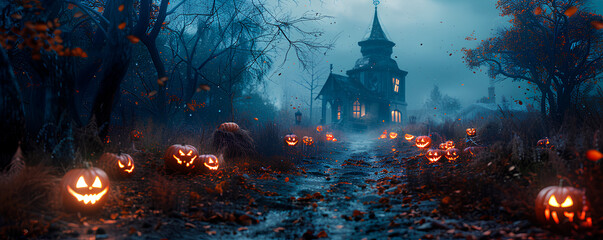 Halloween background with pumpkins and bats,