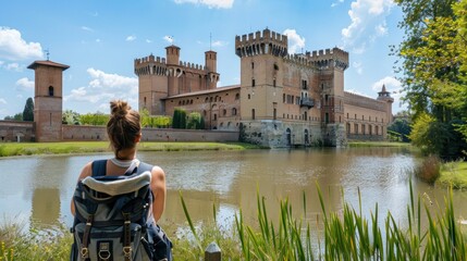 Tourist woman visiting the Ferrara castle of Italy. Surrounded by wide moat filled with water, which gives it a sense of isolation - Powered by Adobe