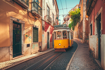 Fototapeta premium Yellow Trolley Car Traveling Along Street by Tall Buildings