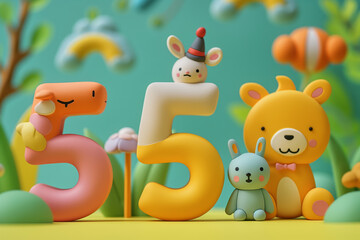 In the foreground is the number without decorations, behind the number is a cute animal style of Cartoon. Generative AI