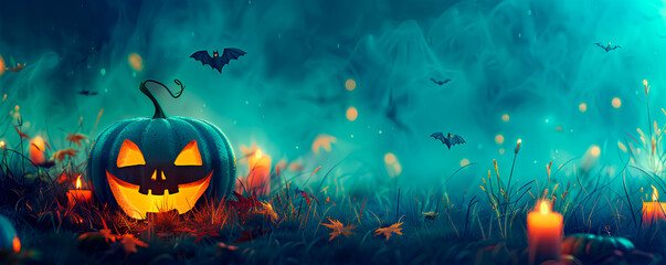 Halloween background with pumpkins and bats, banner