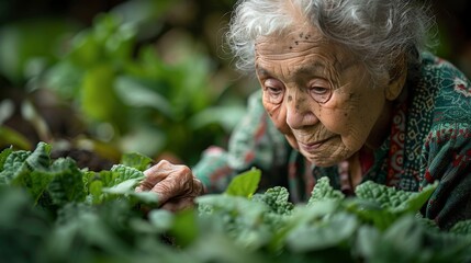 A happy elderly person enjoying being in their garden working with their plants. 