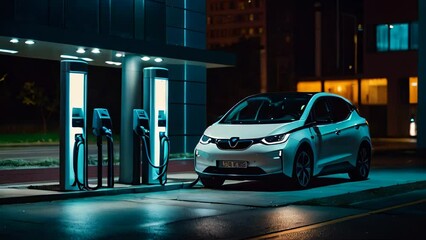 EV car charging with charger at electric charge station at night