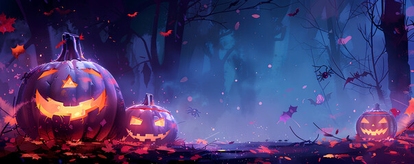 Halloween purple background with pumpkins and bats