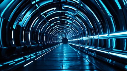 Blue hypertunnel spinning speed space tunnel made of twisted swirling energy magic glowing light lines abstract background