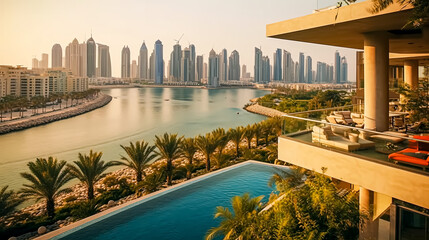 A large house with a pool and a view of the water. The house is surrounded by trees and has a balcony overlooking the water
