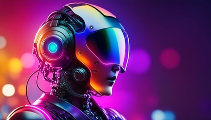 Sleek futuristic robot with colorful visor, glowing details, and high-tech design against a vibrant purple backdrop.